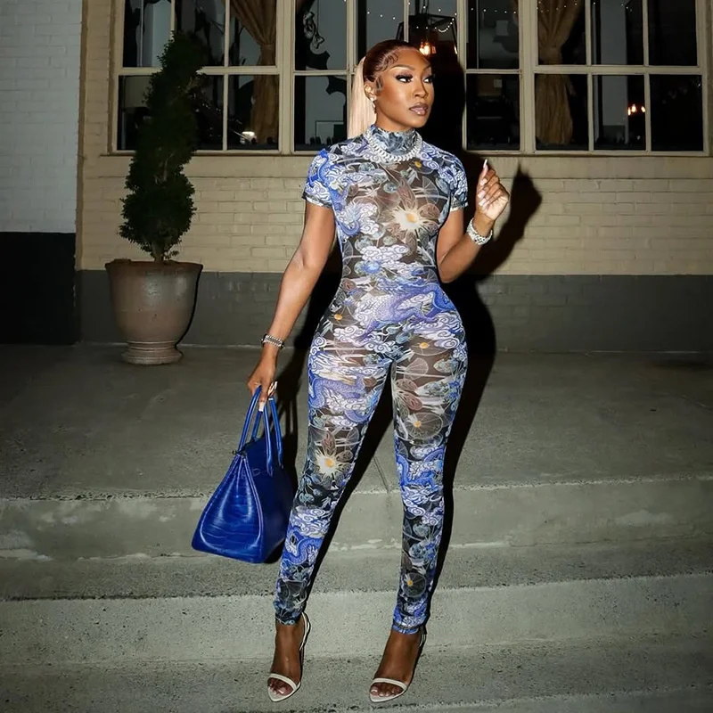 

Sexy Open Back Sheer Mesh Jumpsuit Women Overalls Night Club Party Print Skinny Romper Elastic Short Sleeve One Pieces Outfit