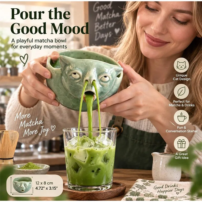 Monster Ceramic Puking Cat Matcha Bowl, Ceramic Chawan for Matcha Whisking, Creative Three-Way Pouring Design Funny Novelty Gift