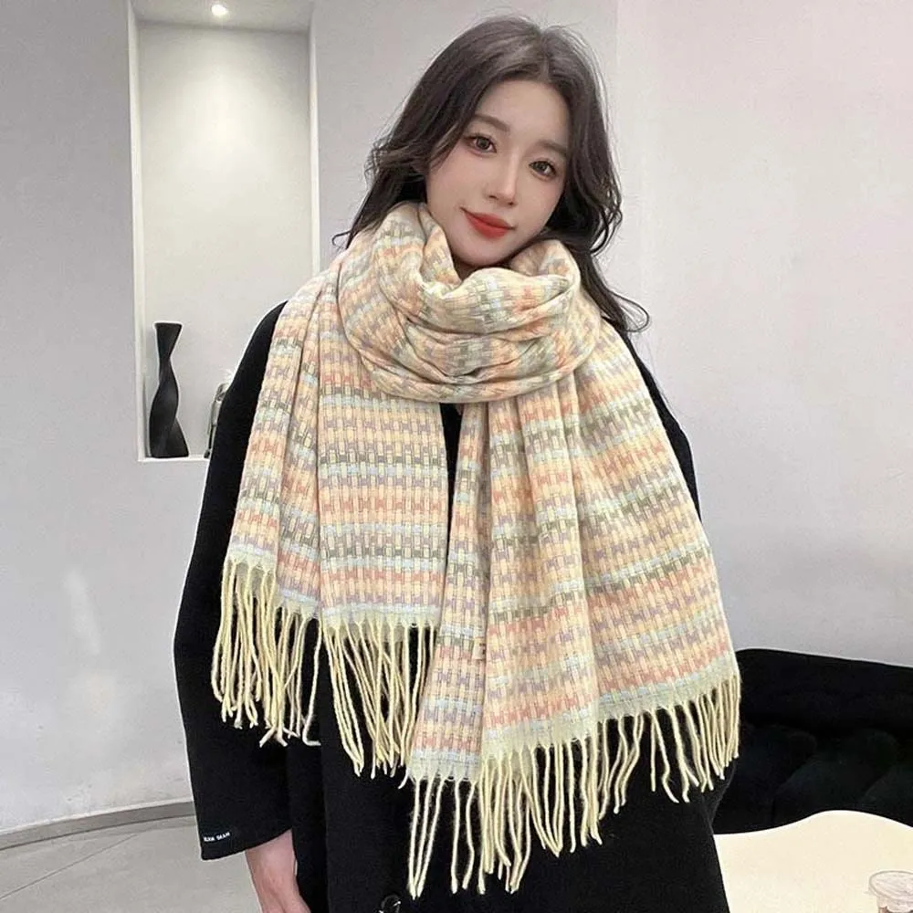 

Soft Dopamine Plaid Scarf Anti-cold Korean Style Knitted Wool Shawl Faux Cashmere Contrast Color Long Neckscarf with Tassel Men