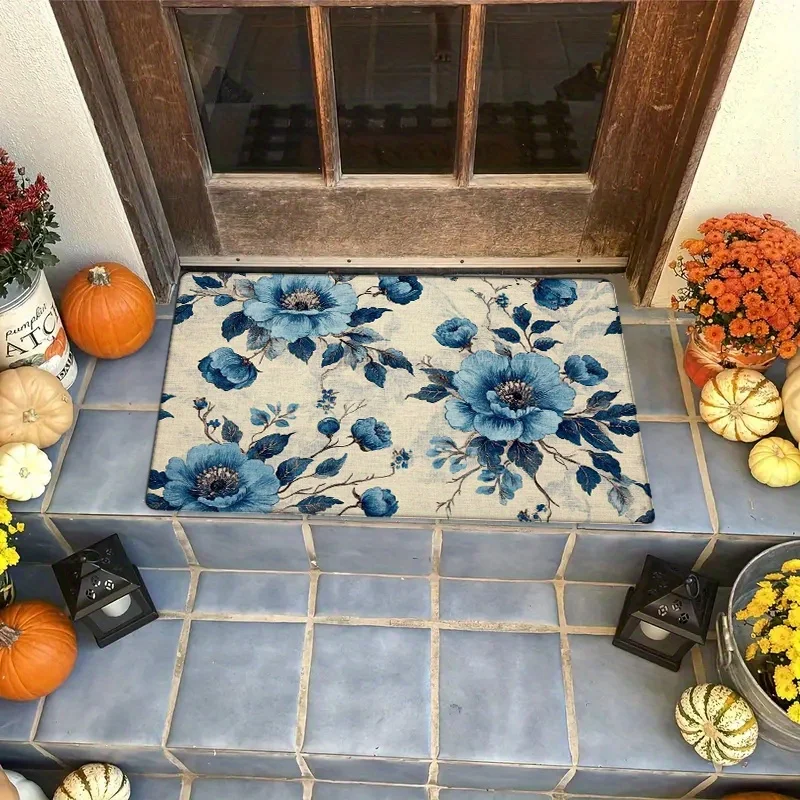 1pc Tropical blue floral patterned rug, made of polyester fabric, machine washable, suitable for bedroom and living room décor.