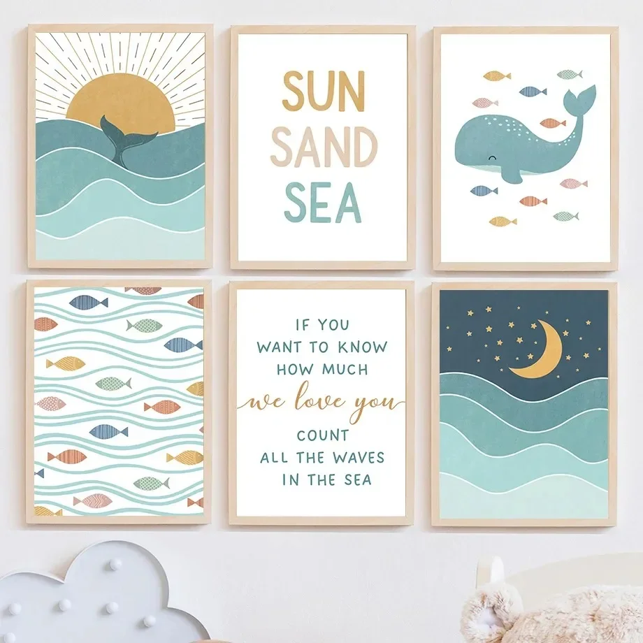 غروب الشمس شاطئ المحيط يقتبس الأسماك الحوت النورس شروق الشمس الرسم على لوحات القماش الجدارية الملصقات والمطبوعات جدار صور غرفة الاطفال ديكور