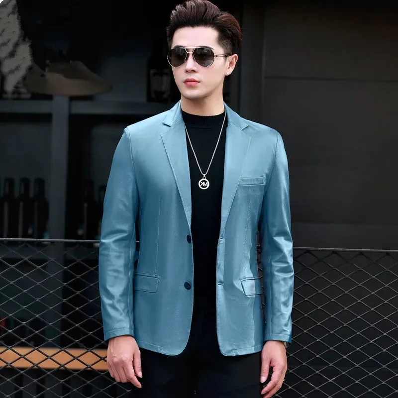 

Leather Jackets Men Spring High Quality Single-Breasted Slim Blazer Hombre Casual Motorcycle Jaqueta De Couro Masculino