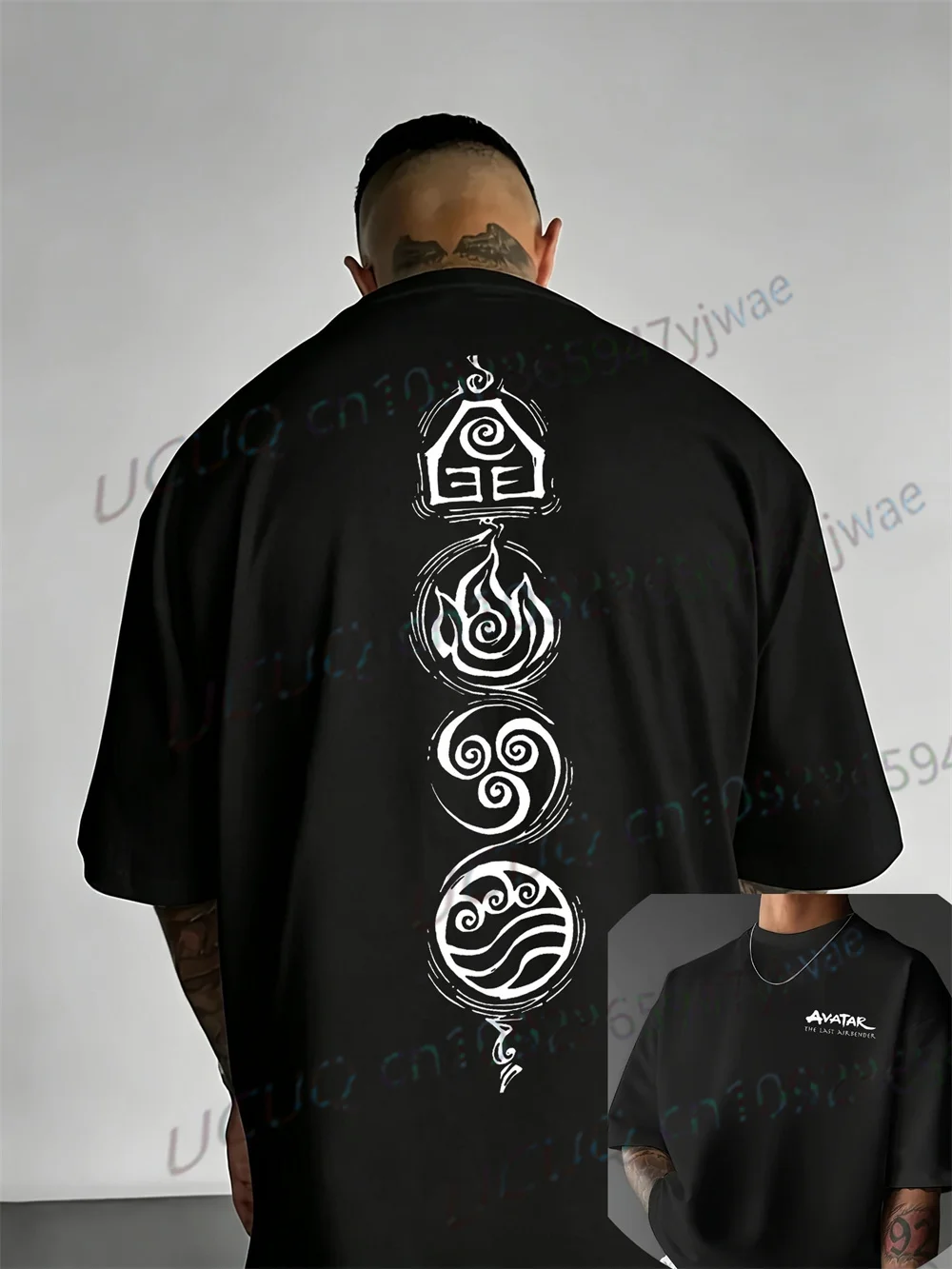 Luft Wasser Erde Feuer Vier-Elemente-Symbol Grafik-T-Shirt Airbender Film-T-Shirt 2-seitiges Streetwear Sommer-T-Shirt für Männer und Frauen – Detail 4