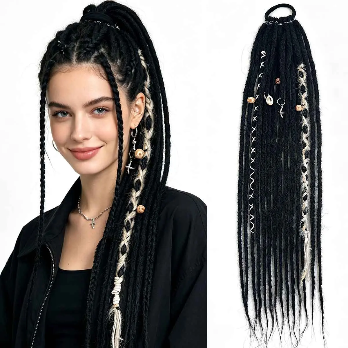 Synthetic Drawstring Dreadlock Ponytail Hair Extensions Ombre Faux Locs Braided Ponytail with  Handmade Boho Hippie for Women