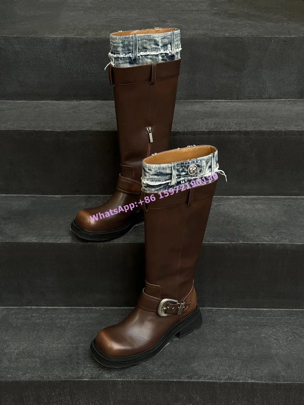 Patchwork Retro Knight Boots Denim Blue Brown Square Toe Chunky Heels Buckle Belt Shoes Hotties Fashion Leather Knee High Boots