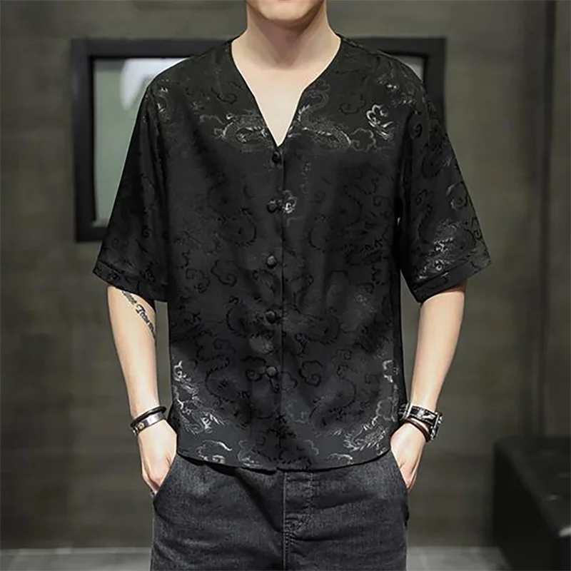 Y2K Summer Shirt Man 2024 New Chinoiserie Printing Half Sleeves Men's Clothing Top Fashion Single-Breasted V-Neck Blouse Hombre