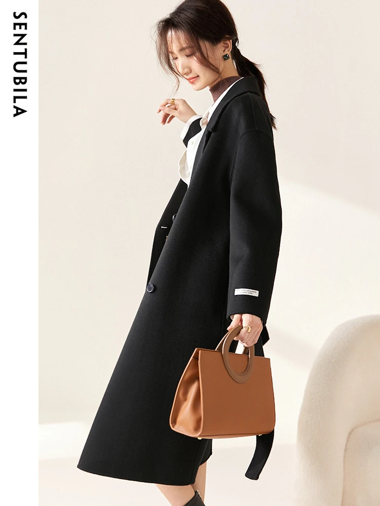 SENTUBILA Double Breasted 100% Wool Coat for Women 2024 Winter Elegant Thick Double Faced Woolen Belted Long Overcoat W24O42056