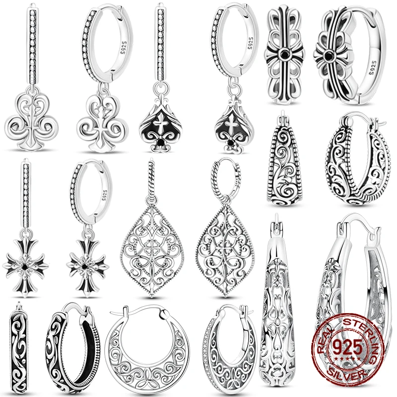 

925 Sterling Silver Vintage Gothic Hoop & Dangle Earrings for Women Retro Ornate Cross Iris Filigree Huggie Hoops Jewelry Gift
