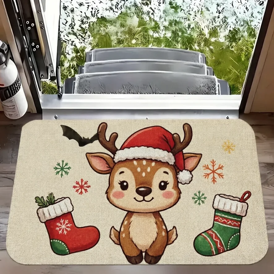 Reindeer Christmas Stocking Bat Orange Doormat For Holiday Gathering Pet Lover Gift Non Slip Indoor Floor Mat