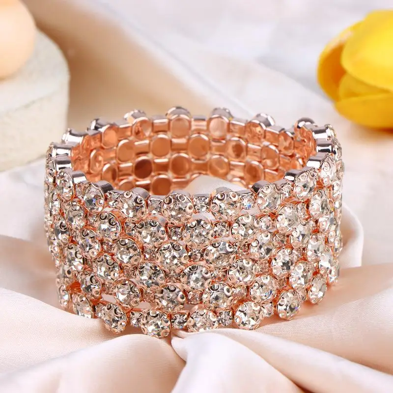 Adjustable 6 Layers Crystal Winding Bracelet Sparkling Rhinestone Open Cuff Bangle for Wedding Guest