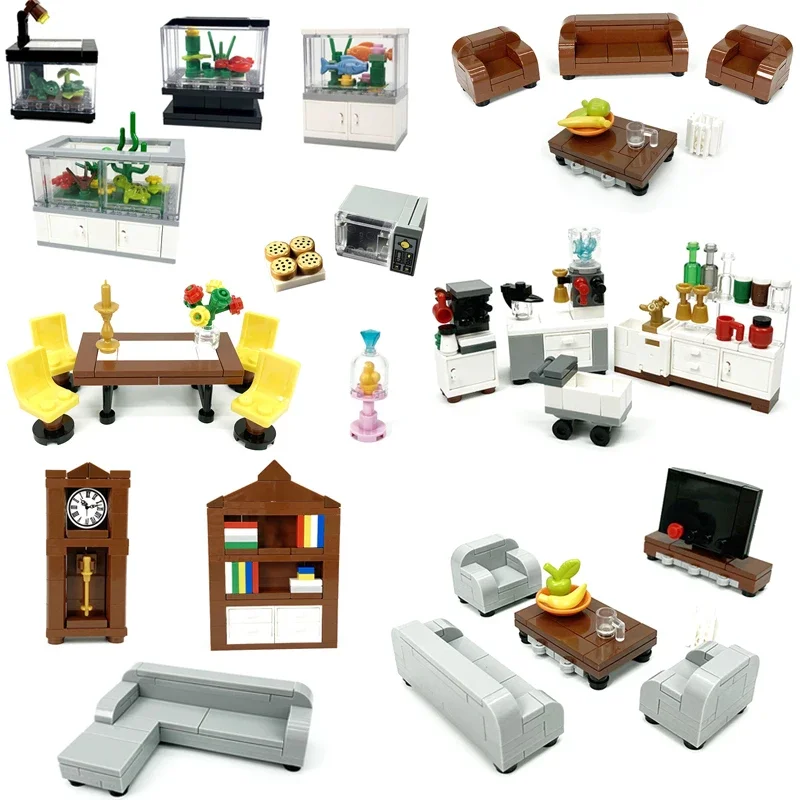 City MOC Building Blocks Kitchen Furniture Bricks Kits Toys Bed Sofa Piano Bathroom Living Room Home Decor Compatible With LEGO