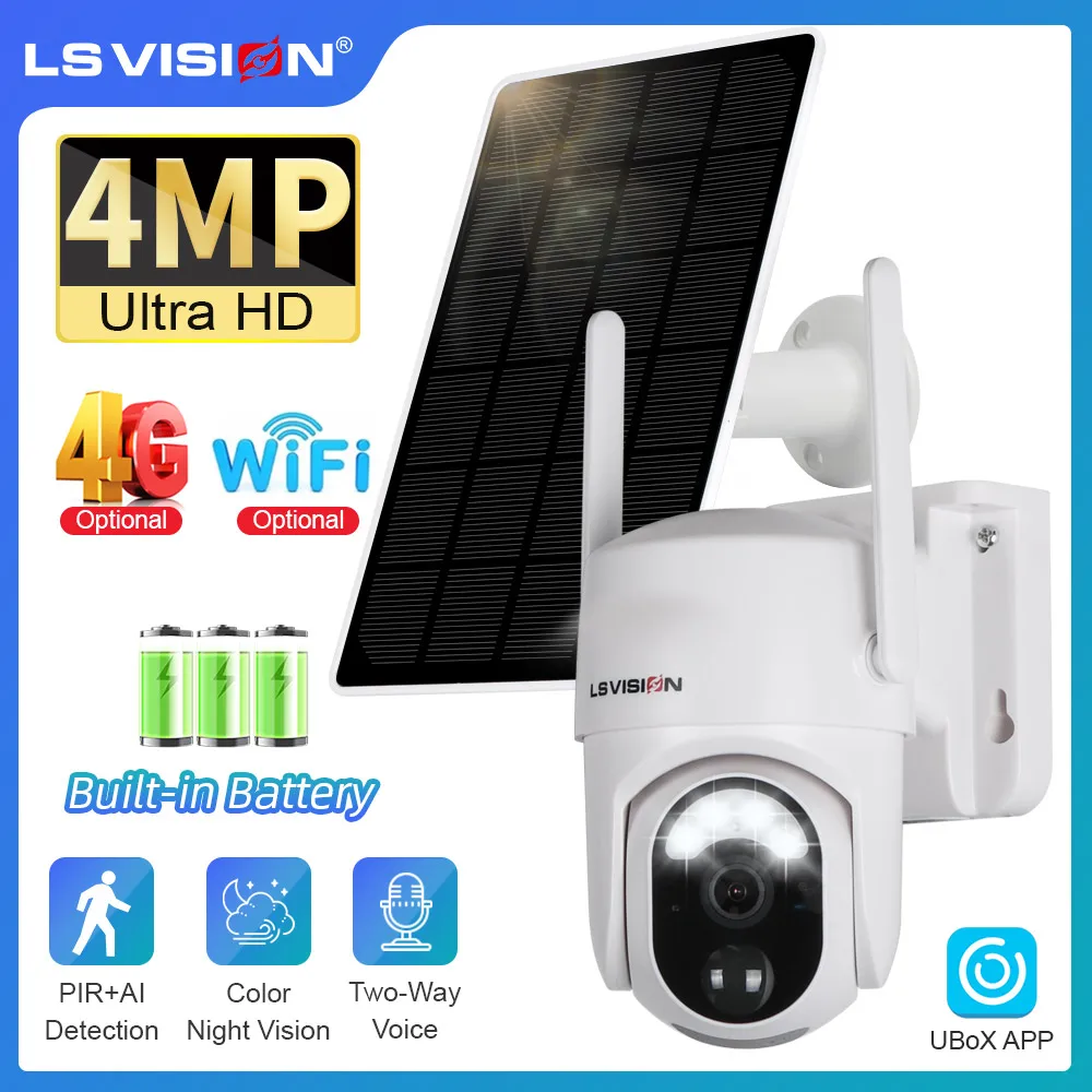 

LS VISION 4MP 4G/WiFi Solar Camera Outdoor Wireless PTZ Color Night Vision PIR Human Detection Secutity Cameras Bulit-in Battery