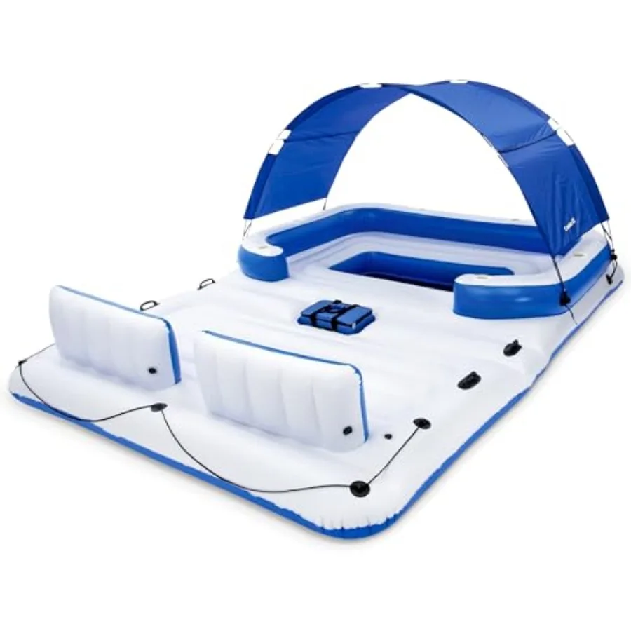 Tropical Breeze Party Island: Large 6-Person Adult Inflatable Lounger for Lake Use, PVC Material, Vibrant Blue-Green Color, Ext