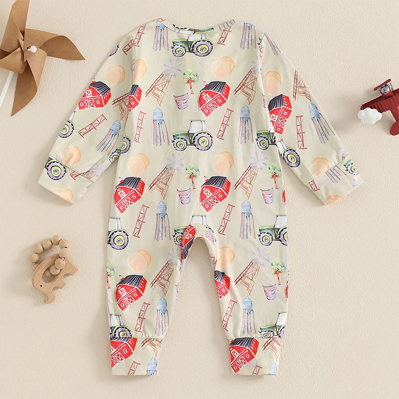 Cute Toddler Unisex Animal  Pajamas Long Sleeve Round Neck Zipper Front Farm Print Jumpsuit Sleepwear