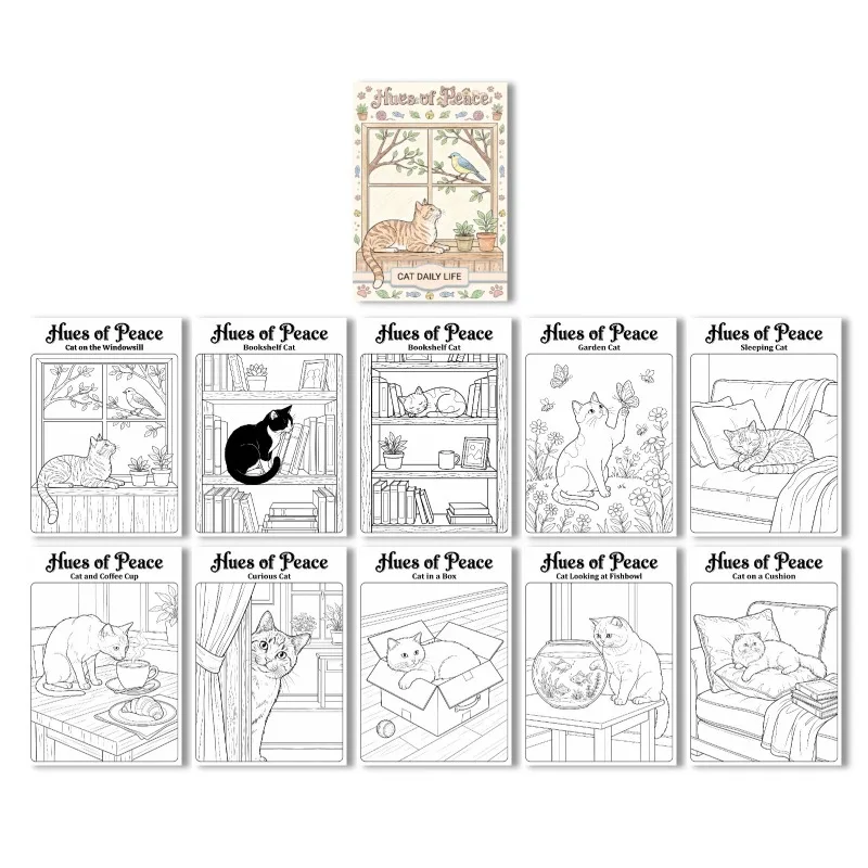 10pcs Per Pack Coloring Posters, Healing Cat Daily‑Life Coloring Sheets Hand‑Drawn Graffiti Stress Relief