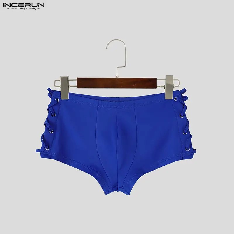 INCERUN Summer Men's Shorts Solid Color Elastic Waist Hollow Out Men Bottoms Lace Up Sexy Homewear Stylish Casual Shorts For Man