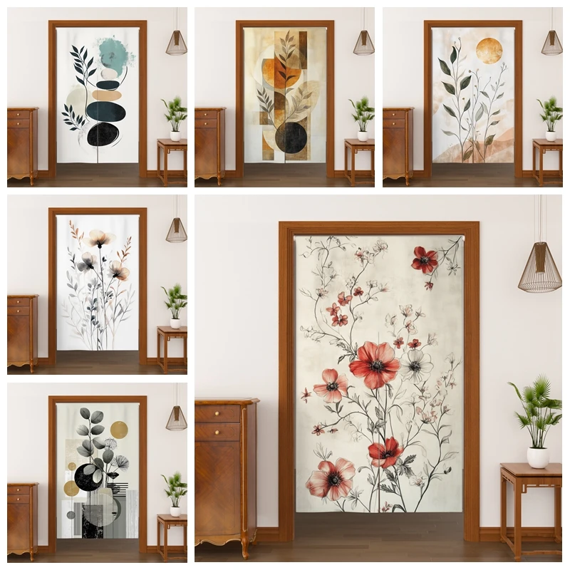 Modern Noren Door Curtains Floral Plant Geometric Pattern Linen Doorway Curtains Entryway Partition Screen Kitchen Half-curtains