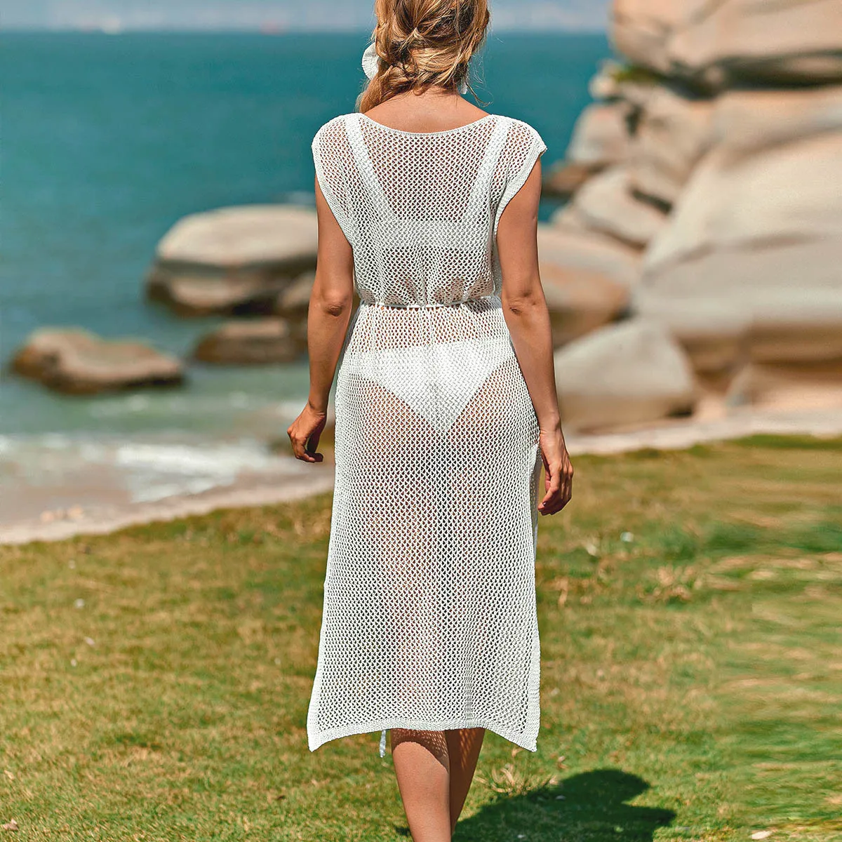 Vestido tipo pareo de playa de punto para mujer - Envoltura de bikini de malla hueca - Moda de ropa de playa de verano con ribete de encaje