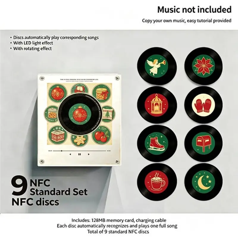 My Home Xmas Rotating Disc Night Light Automatic Singing Magnetic Fridge Magnet Rotary NFC Induction Refrigerator Sticker