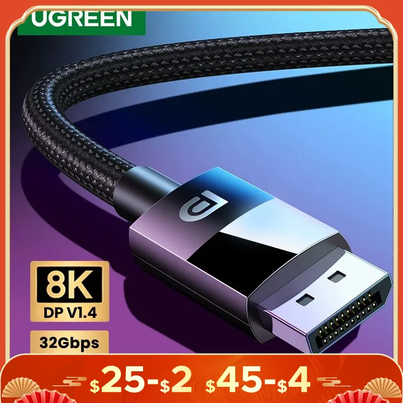 Ugreen 8K DisplayPort 1.4 Cable for TV 4K 144/165Hz 32.4Gbps DisplayPort to DP for PC Computer Gaming Monitor Projector DP Cable