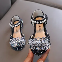 Summer Girl Rhinestone Sandals Beading Fashion Sequins Kid Princess Stage Dress Shoes Non-slip Flat Heels Children Beach Sandals