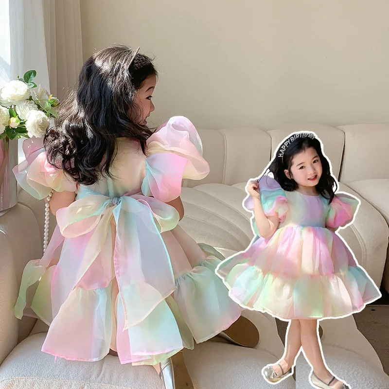 Summer Girl Puff Sleeve Mesh Skirt  Sweet Rainbow Princess Birthday Party Gown Mesh Wedding Children Dresses