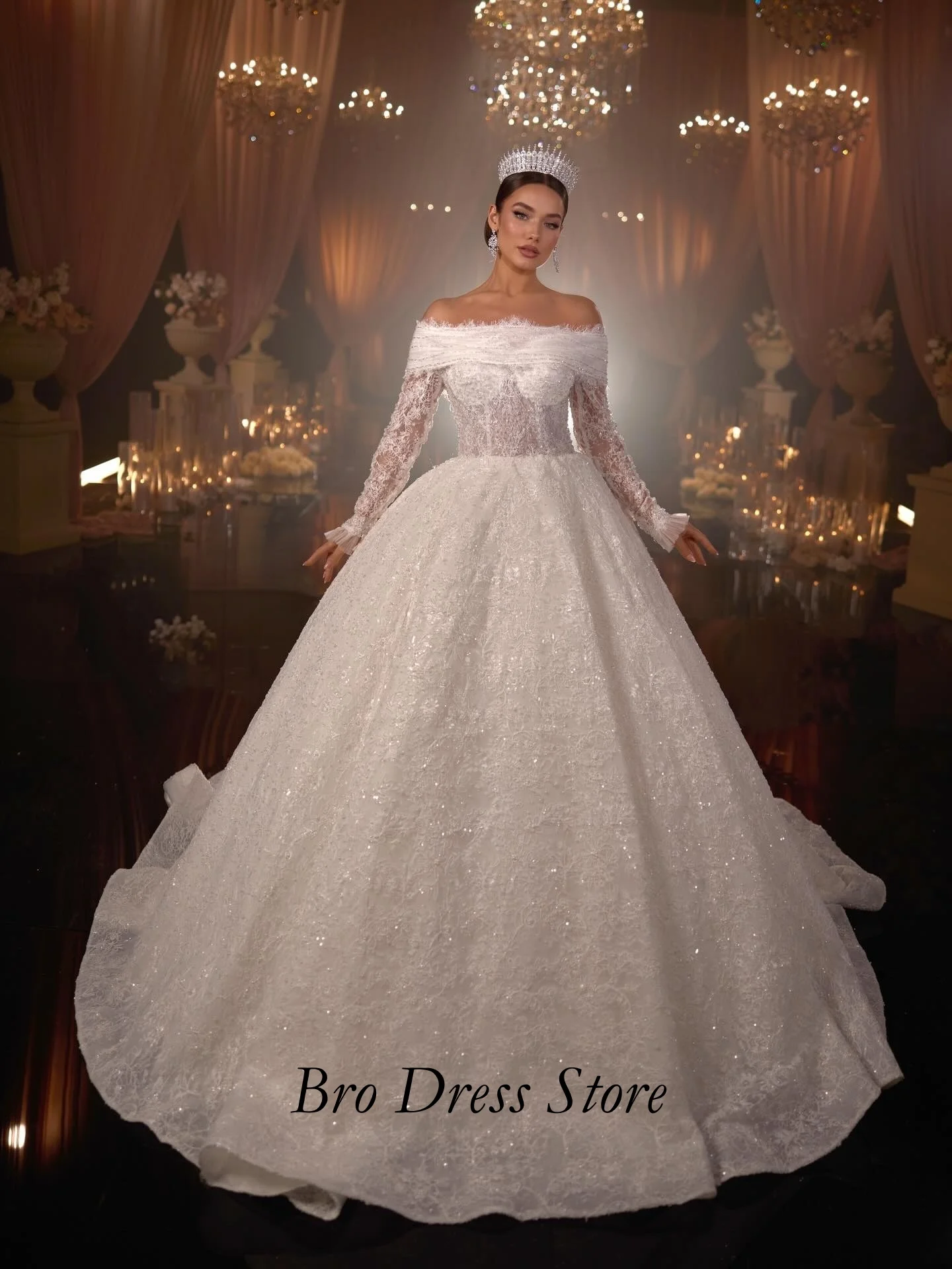 Customized Luxury Ball Gown Wedding Dress Off Shoulder Long Sleeve Lace Applique Bridal Gown Vestido De Noiva