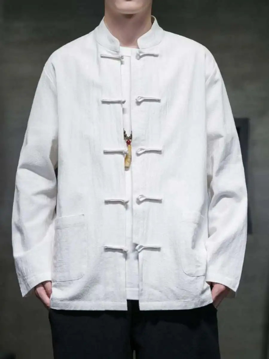 

Chinese Sle Cotton Linen irt Long Sve Button up Stand Collar Spring Autumn Men's Faion Outerwear Traditional Tang Co...