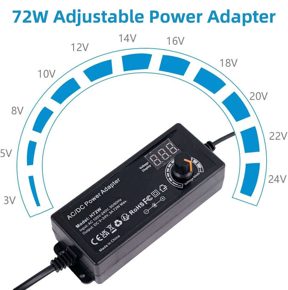 72W Ac to Dc Adjustable Power Supply 3V 5V 6V 9V 12V 15V 18V 24V 3A Variable Universal Switching AC/DC Adapter with LED Screen
