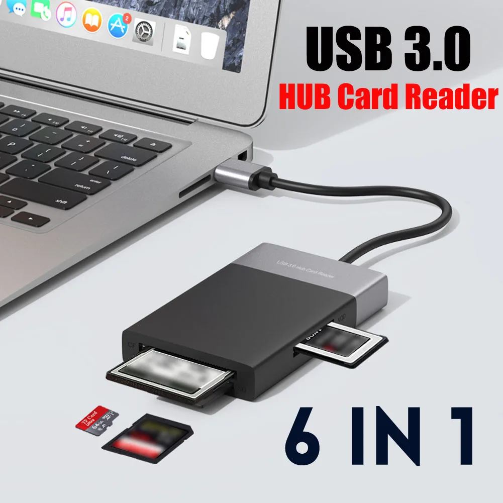 Lector de tarjetas HUB USB 3,0 6 en 1, CF, XQD, SD, TF, adaptador para Windows