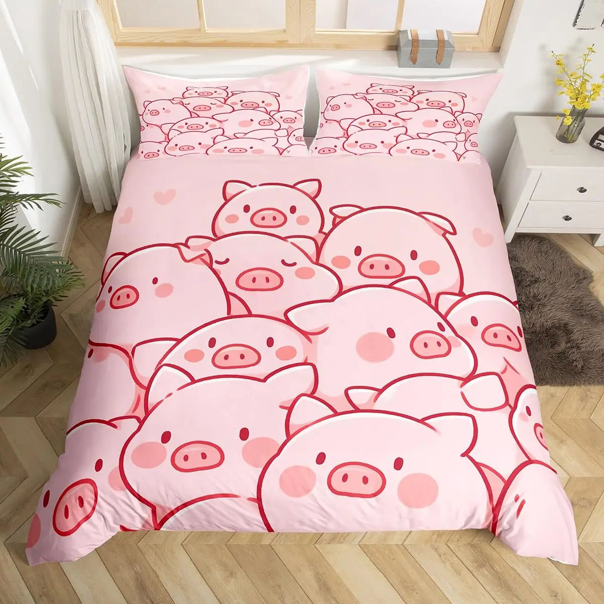 Pig Duvet Cover King Twin Lovely Cartoon Piggy Comforter Cover,Girls Pink Bedding Set Kawaii Farm Animal Microfiber Quilt Cover