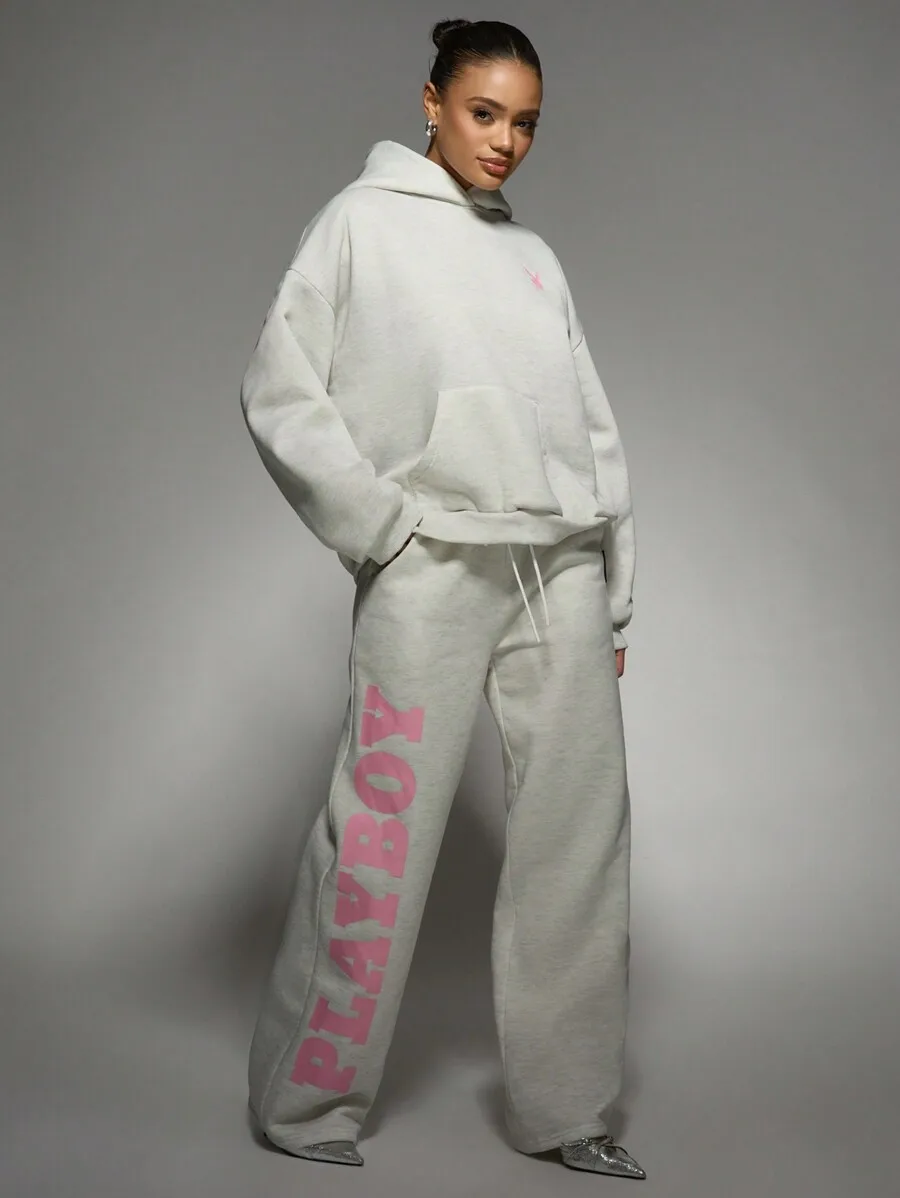 

Oversized Wide Leg Sweatpants with Bold Letter Print - Soft Fleece Loungewear