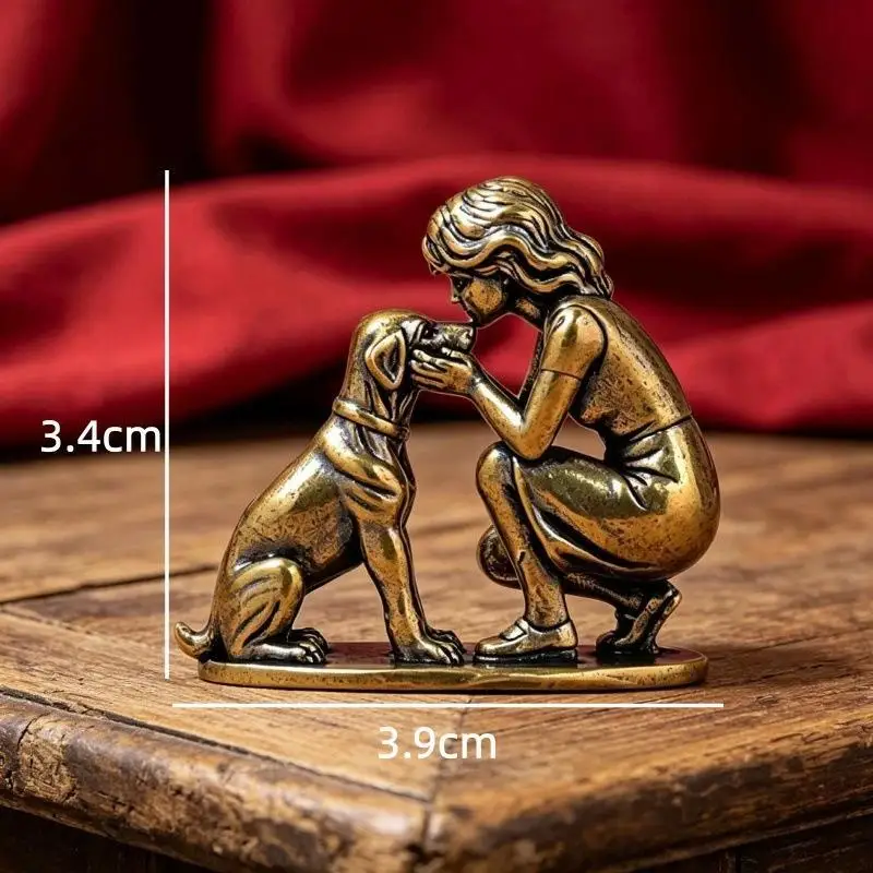Vintage-Messingstatue von Mädchen und Hund, handgefertigt, fein geschnitzt, antik veredelt, Dekoration für Kinderzimmer, Wohnkultur, Geschenk für Feiertage. – Detail 4