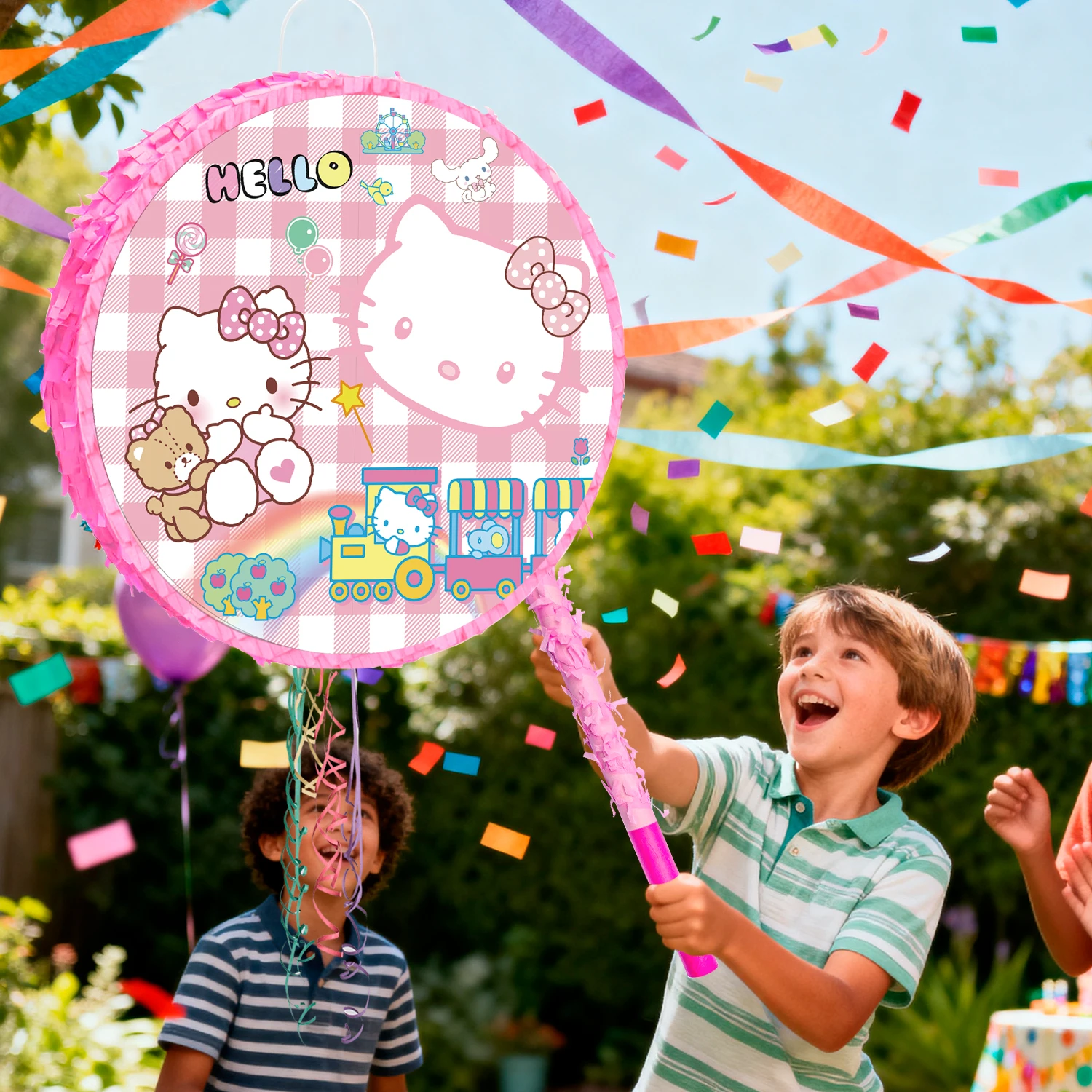 Juego de 4 piezas de piñata de Hello Kitty - Piñata de fiesta de Hello Kitty de 44,5 cm, palitos para piñata de Hello Kitty, antifaz, etc. Artículos para piñata de Hello Kitty
