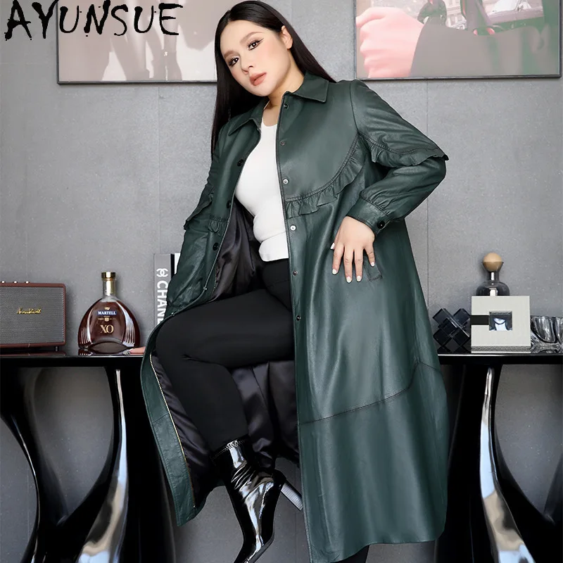 AYUNSUE Trench X-lungo per donna Giacca in vera pelle di pecora naturale Donna 2025 Abiti autunnali larghi Jaqueta De Couro