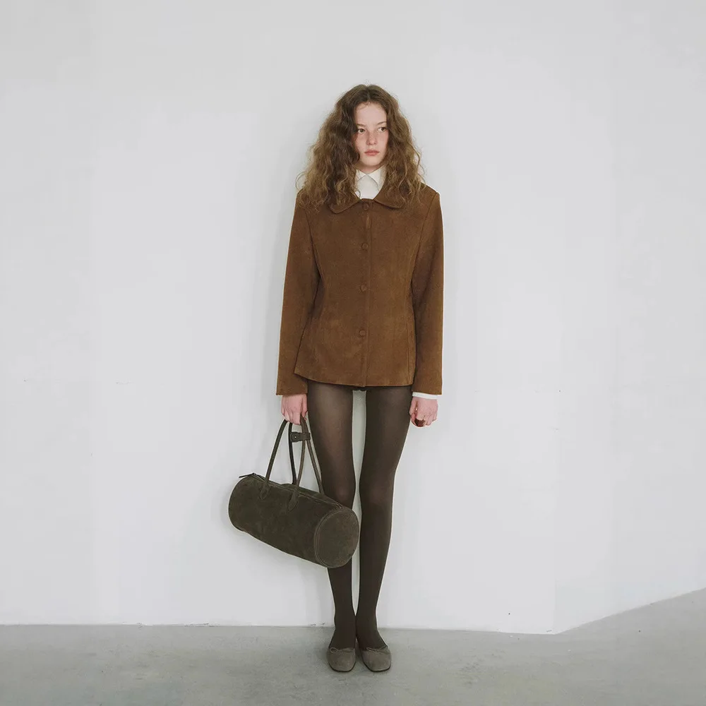 Smoothmood Brown Suede Jacket Short Style Korean Retro Collar Slimming Waist Design Autumn Fashion Women's Leather Coat