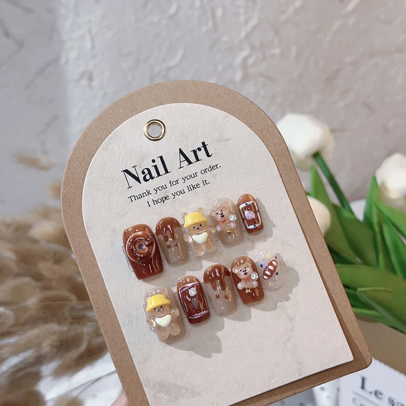 10pcs Handmade Short ellipse Press on Nails Cute Cartoon Bear Chocolate Brown Fake Nail for Women and Girl Wearable Nail