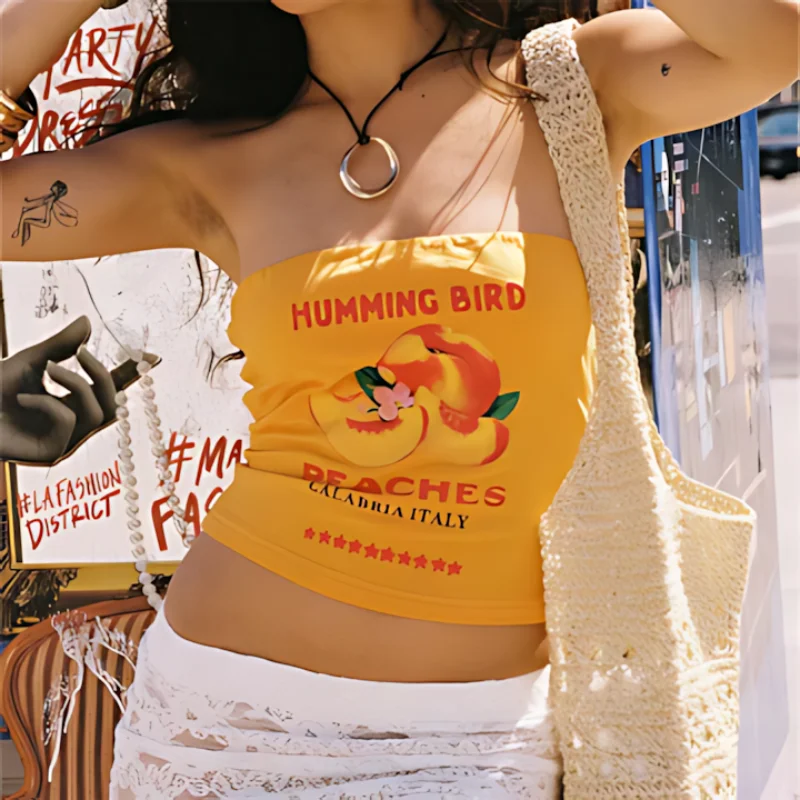

Summer Going Out Crop Tops Aesthetic Off Shoulder Tanks Y2k Tube Top Peach Graphic Strapless Backless Slim Fit women Streetwear