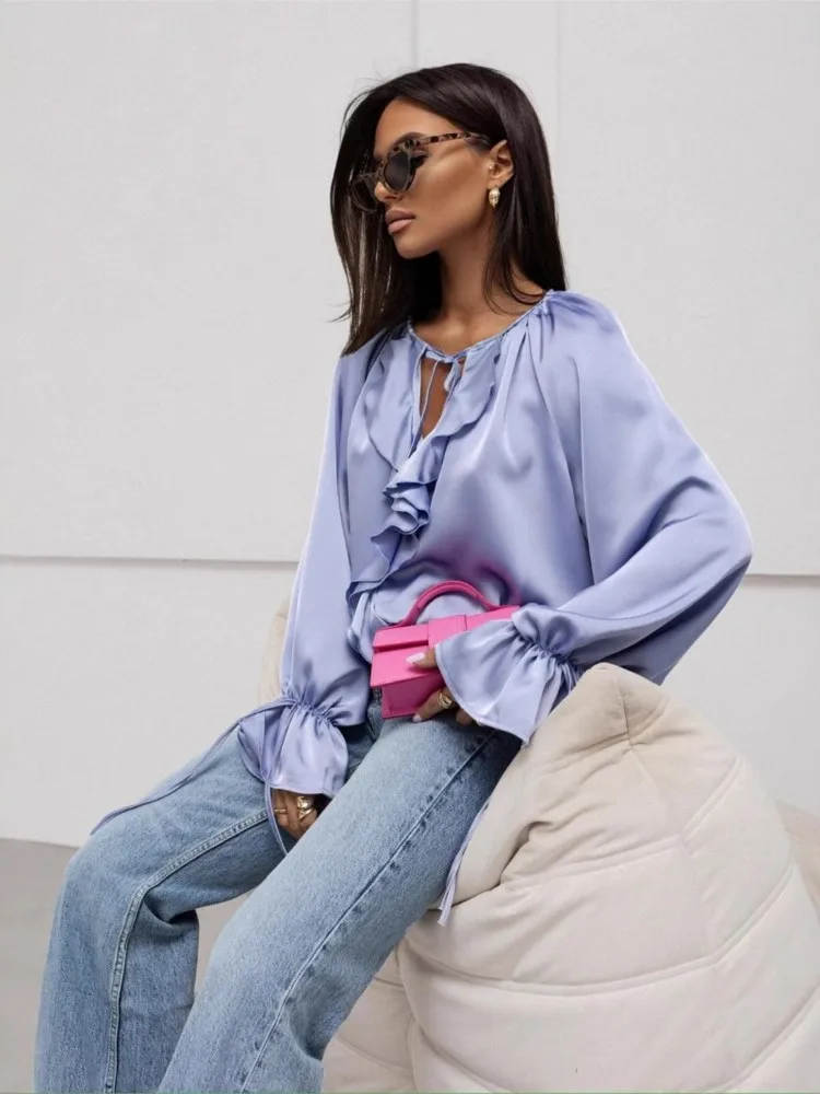 แฟชั่นผู้หญิงเสื้อลําลอง Flare Sleeve Lotus Leaf Edge Lace Up เสื้อชีฟองใหม่ Lady เดินทางชุดเสื้อผ้าฤดูร้อน