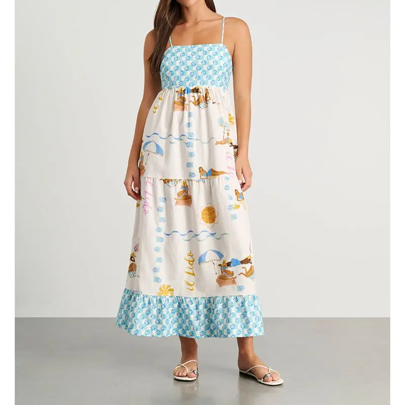 Combhasaki ผู้หญิงฤดูร้อนแขนกุดปรับสายรัด Backless Cutout สแควร์คอความงามพิมพ์ดอกไม้ Flowy A-Line ชุดยาว