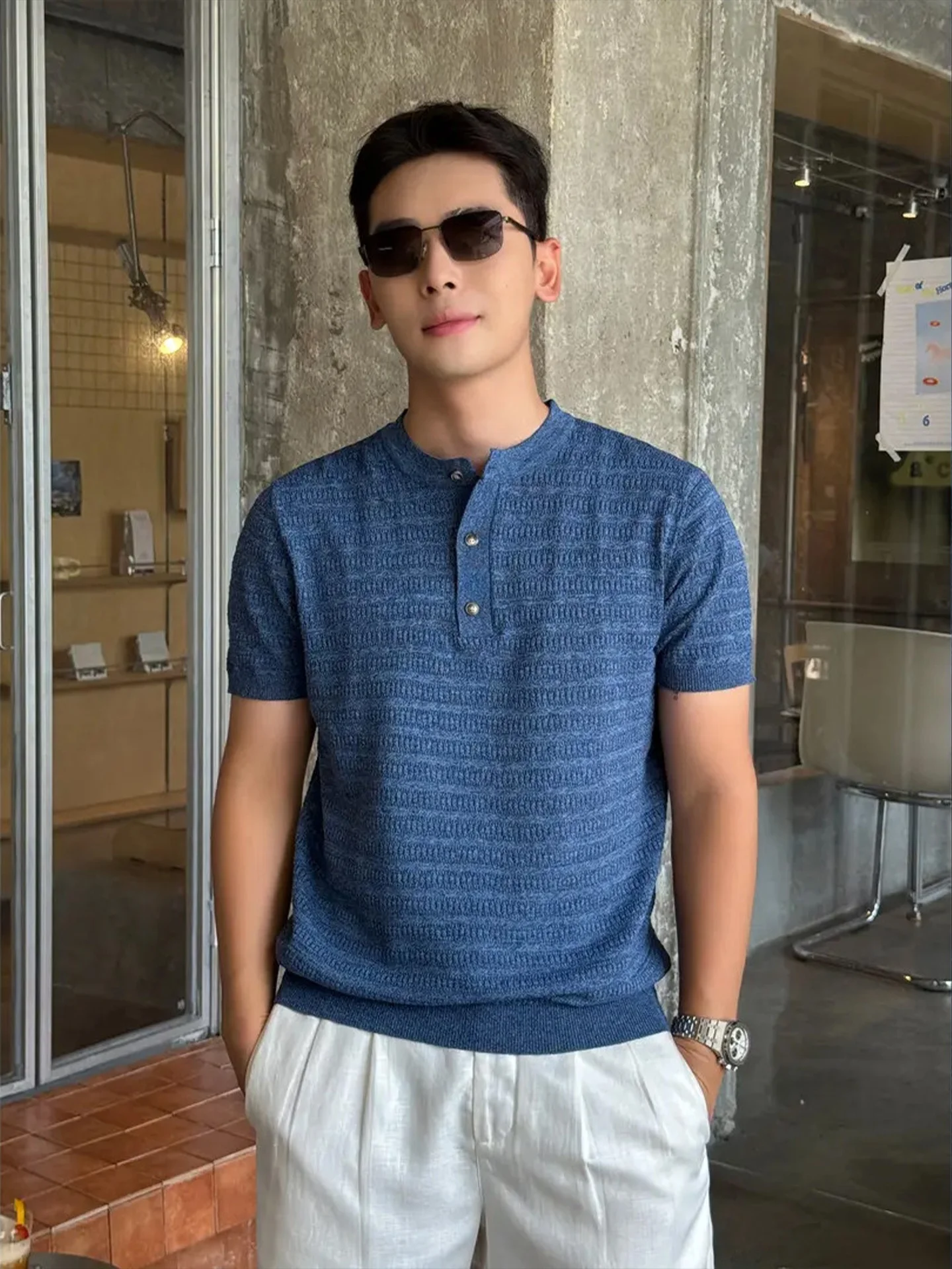 Heather Blue Knitted Short Sleeve T-Shirt with Relief Embroidery Stripes And Collar American Style Summer Fashion for Men