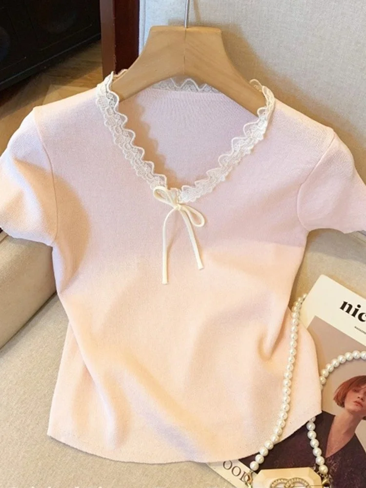 

plus Size Women's Sexy V-Neck T-Shirt with Ribbon Short Sleeve Fly Sleeve Lace Trim Top Korean Style Loose Fit Summer Wear