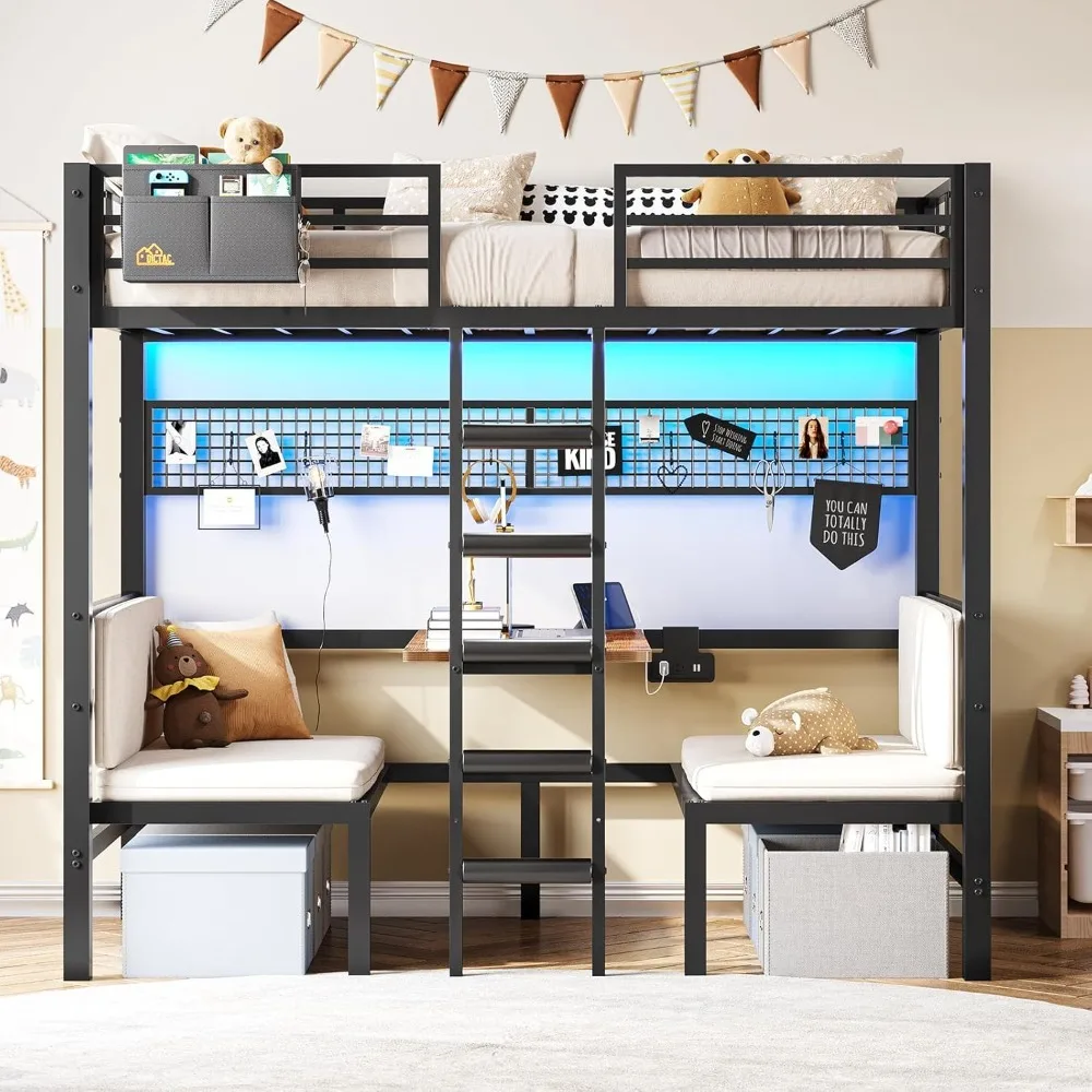 Twin Over Twin Bunk Bed with Led Lights and Charging Station Convertible Loft Bed Twin Size with Desk and Seat Metal Bunk Bed