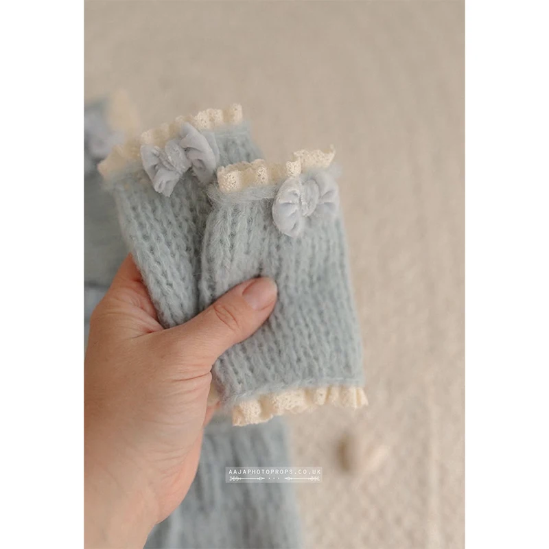 Newborn Photography Props Knitted Romper Bonnet Socks Set Baby Girl Vintage Lace Floral Outfit Studio Photo Shoot Clothes