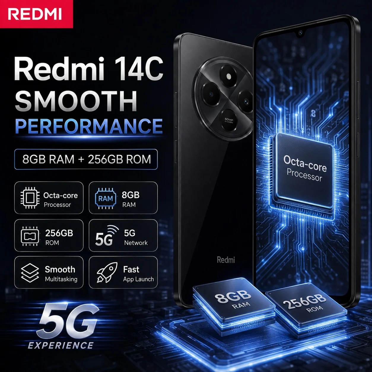 Redmi 14C 5G Global Version 8GB+256GB Octa-Core Phone 120Hz Display 50MP Camera 5160mAh Battery Dual SIM Type-C Charging