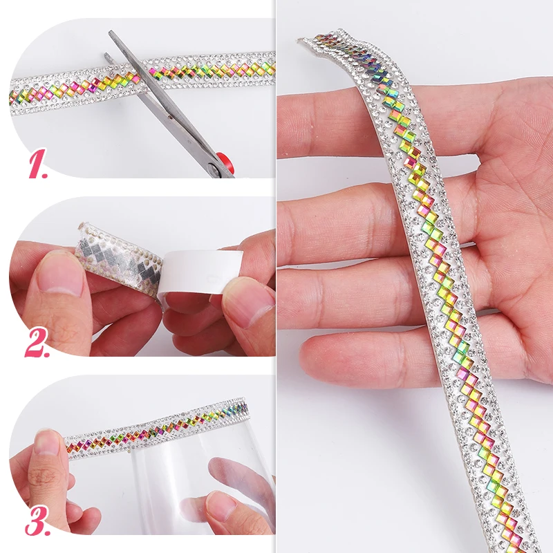 QIAO 12mm 1Yard Self Adhesive Glass Rhinestone Ribbon Diamond Ribbon Crystal Roll Glitter Diamond Belt Bling For DIY Art Craft