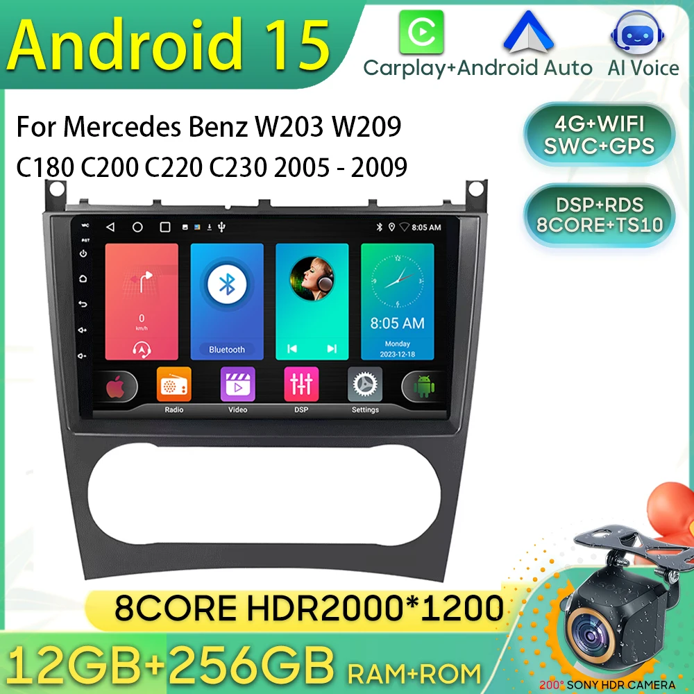أندرويد 15 راديو السيارة لمرسيدس بنز W203 W209 C180 C200 C220 C230 2005 - 2009 نظام تحديد المواقع والملاحة أندرويد السيارات Carplay 4G No 2din #1
