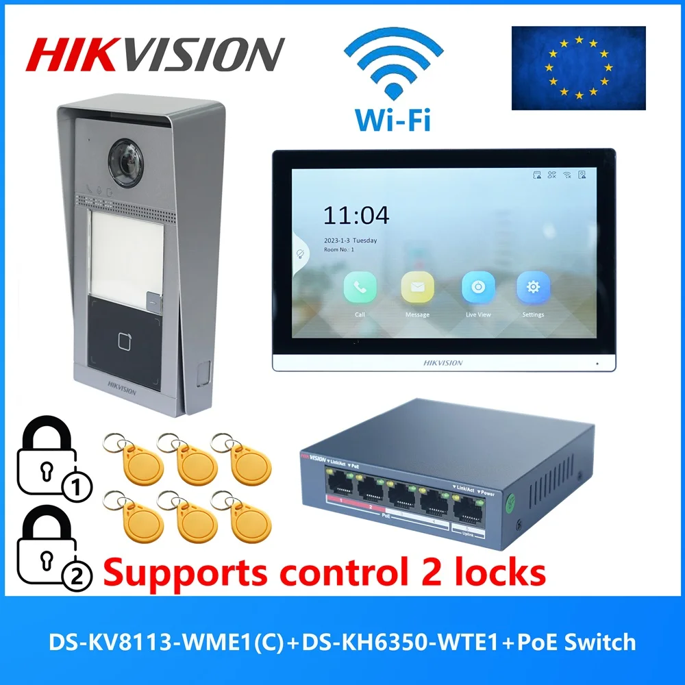 HIKVISION Original Multi-language POE Video intercom KIT,include DS-KV8113-WME1(C) & DS-KH6350-WTE1 & PoE Switch