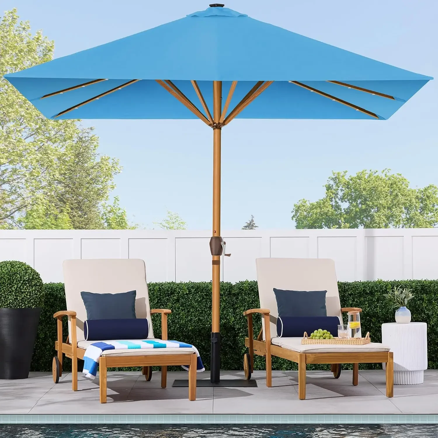 9ft Deep Square Solar Powered LED Lighted Patio Umbrella w/Faux Wood Texture, UV-Resistant Fabric, Hand Crank