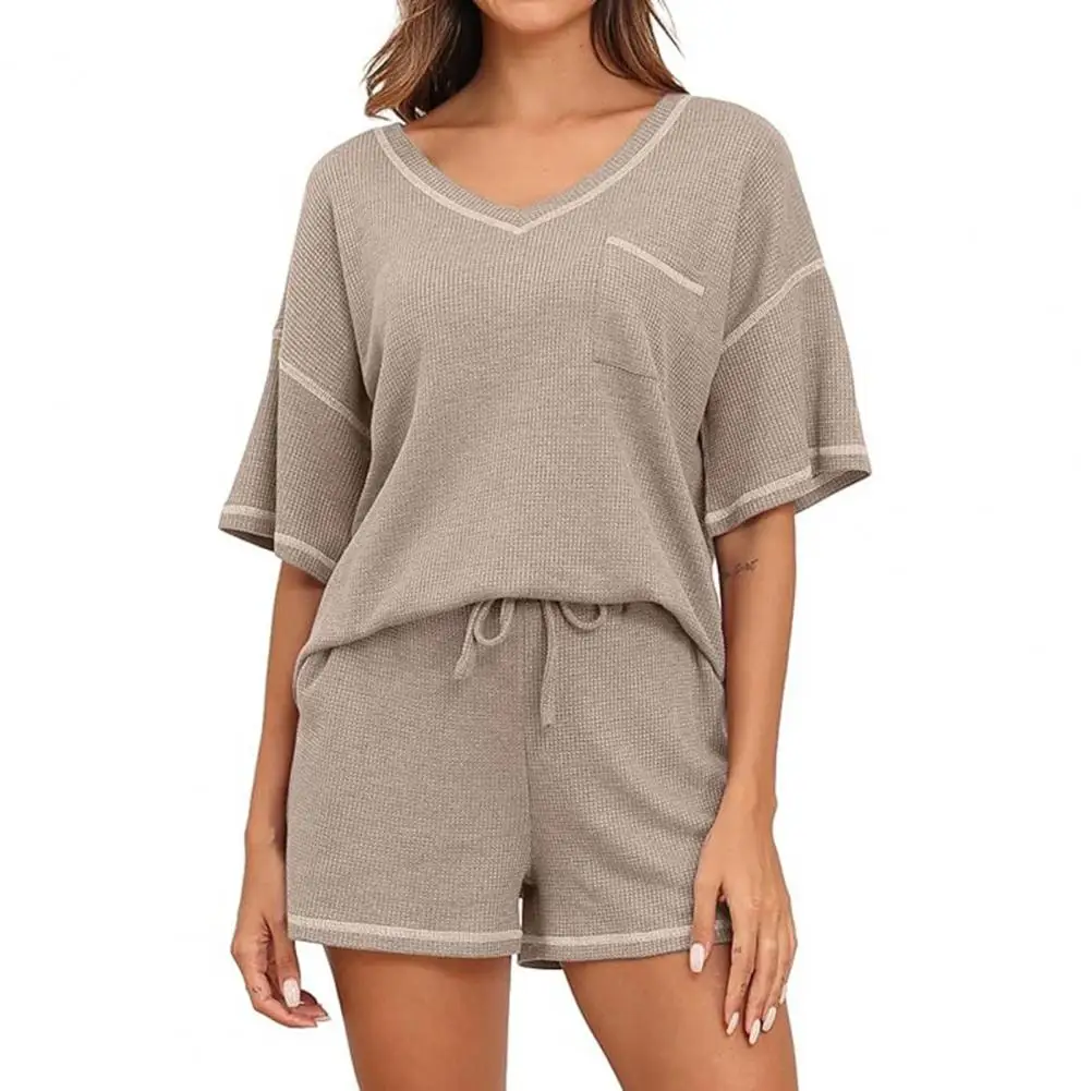 

Soft Women Pajama Set Women's Knitted Waffle Texture Top Shorts Set with Drawstring Elastic Waist V Neck Short for Summer